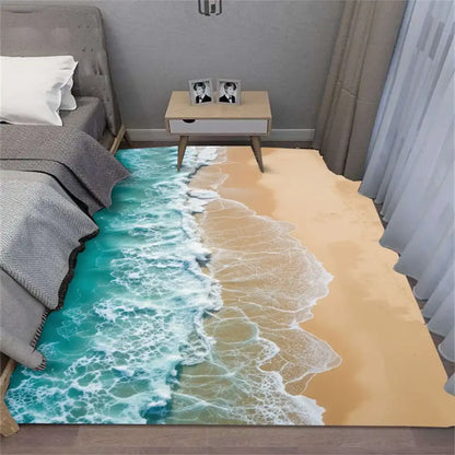 Room with a beach-themed floor design featuring blue water and beige sand.