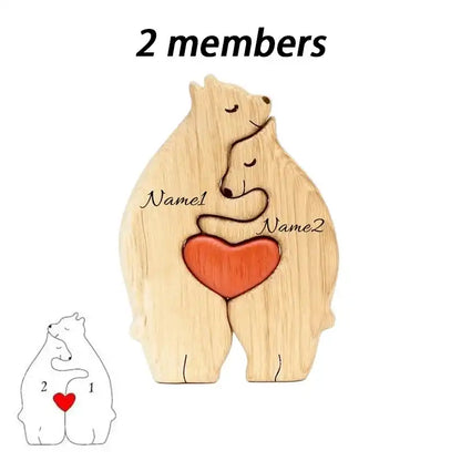 Wooden bear-shaped puzzle with two bears holding a heart and space for names on a white background.