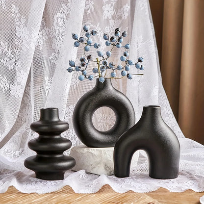 Boho Ceramic Vase Set – Minimalist Neutral Decorative Vases - Black