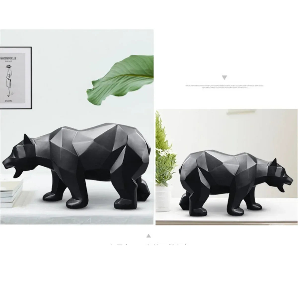Geometric black bear sculpture on a white surface with a minimal background