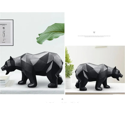 Geometric black bear sculpture on a white surface with a minimal background