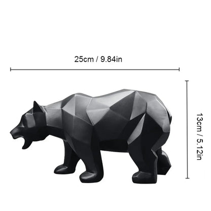 Geometric black bear statue with measurements on a white background