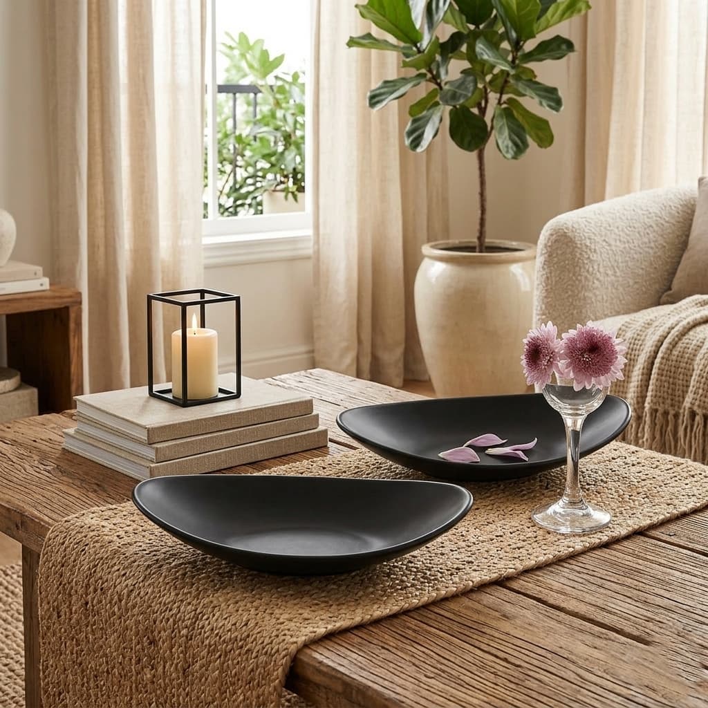Decorative setting on a wooden table with black bowls, candles, and flowers in a living room.