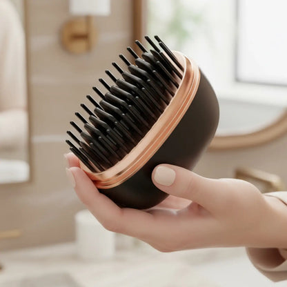 Hand holding a black hairbrush with rose gold accents in a bathroom setting