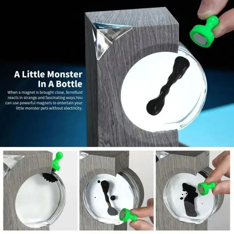 Product packaging with a small black monster figure inside, labeled 'A Little Monster In A Bottle'.