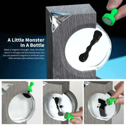 Product packaging with a small black monster figure inside, labeled 'A Little Monster In A Bottle'.