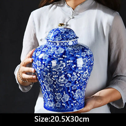 Person holding a blue and white ceramic jar with floral patterns on a black background
