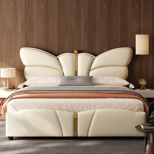 Modern bedroom with a cream butterfly-shaped bed against a wooden wall.