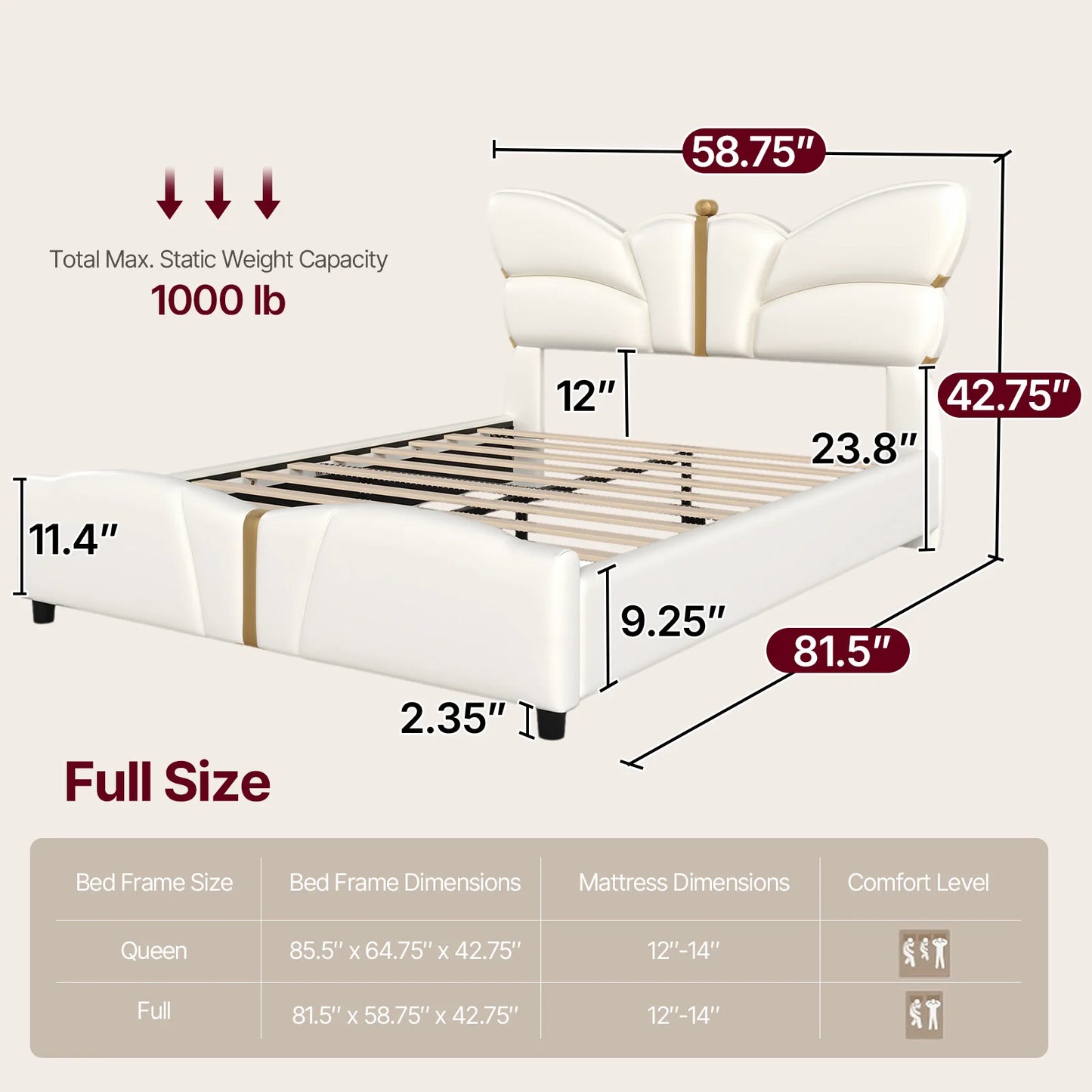 White bed frame with dimensions and capacity details on a beige background