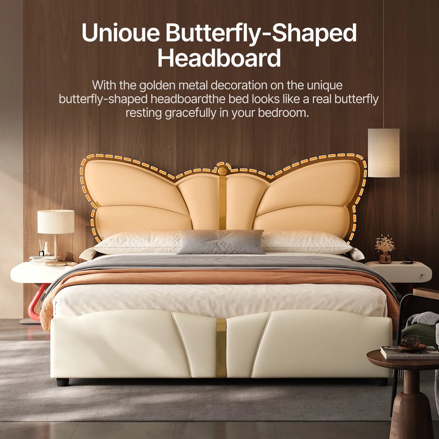 Butterfly-shaped headboard with golden metal decoration in a bedroom setting.