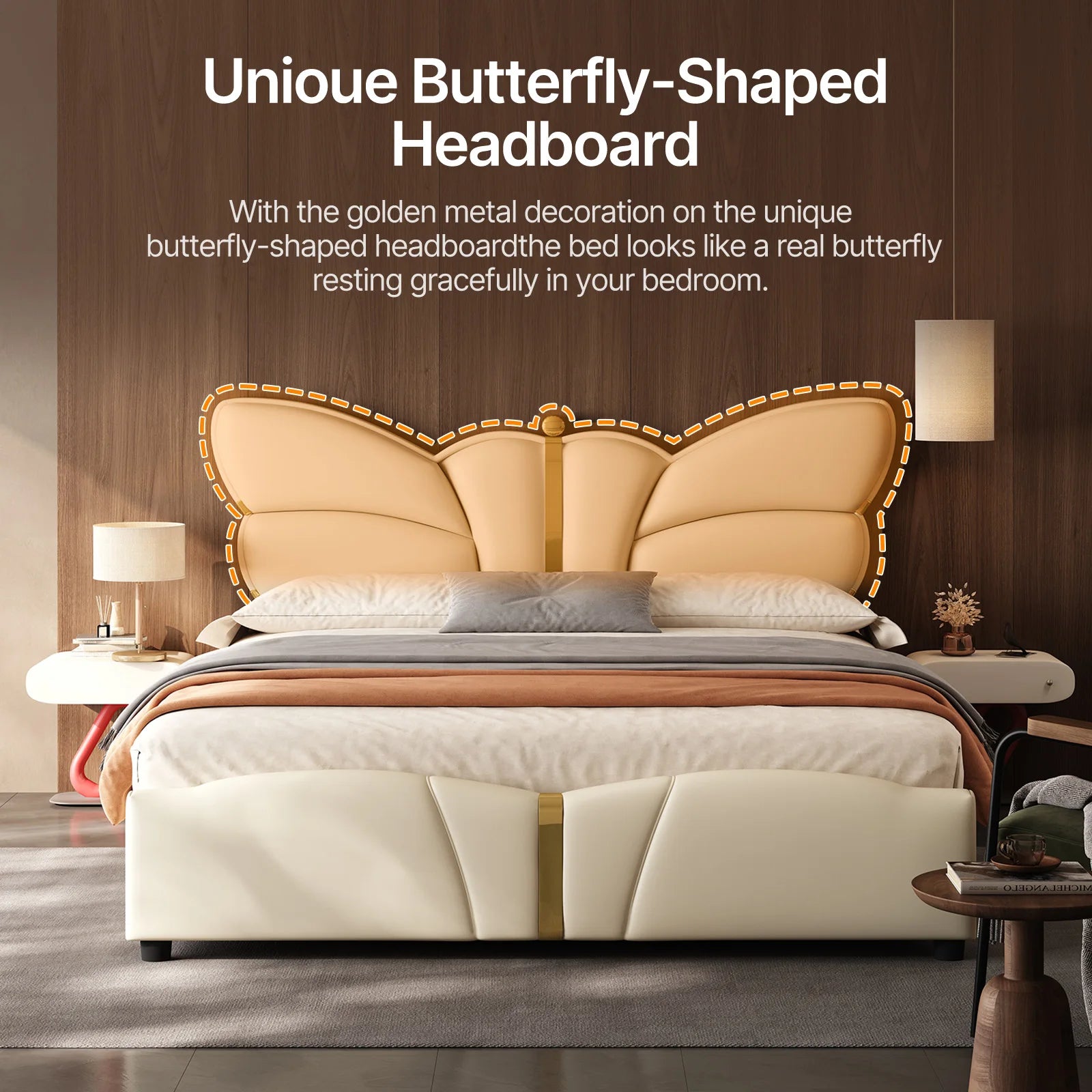Butterfly-shaped headboard with golden metal decoration in a bedroom setting.