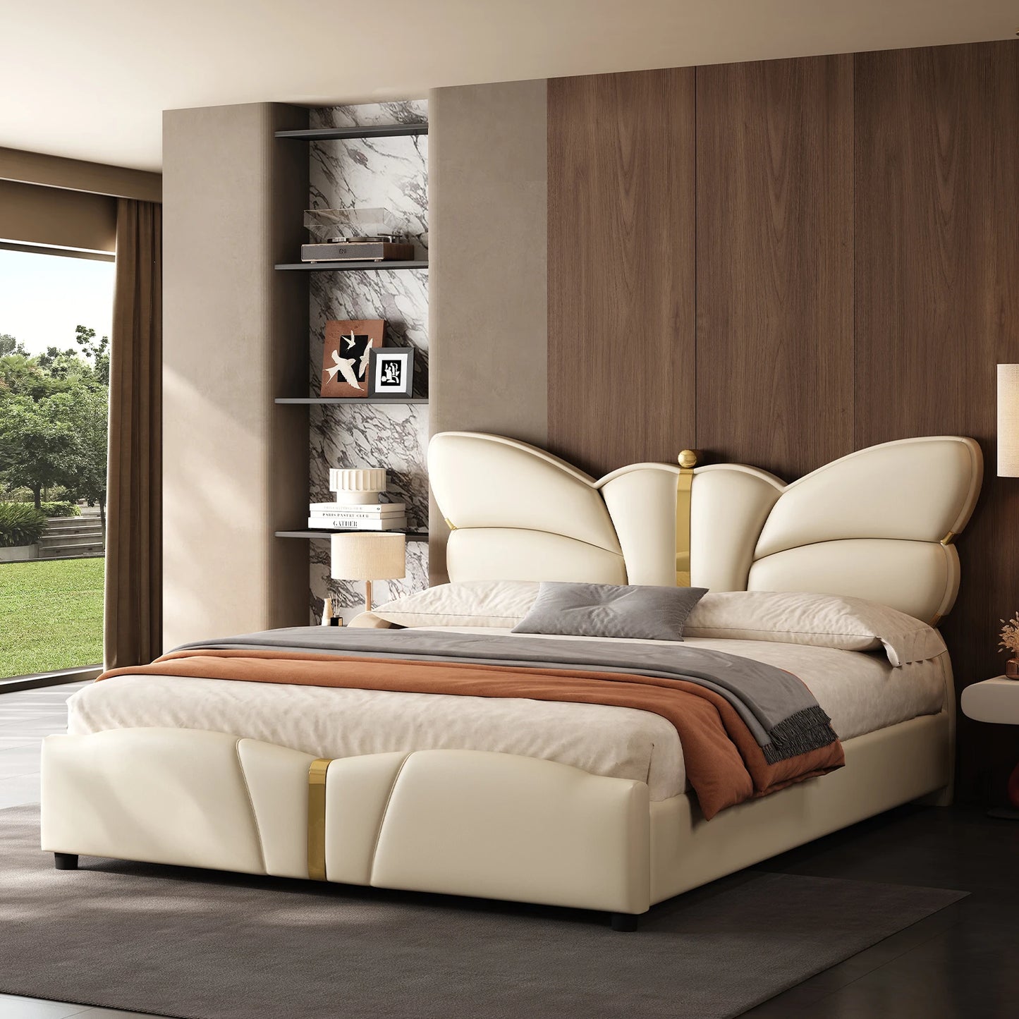 Modern bedroom with a large bed against a wooden wall