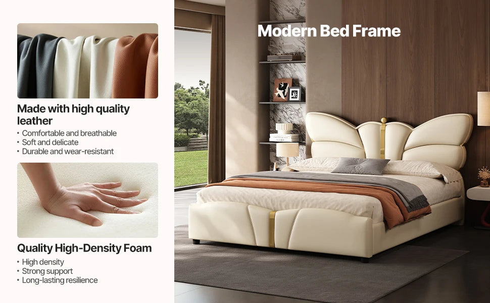 Modern bed frame with leather and foam features displayed.