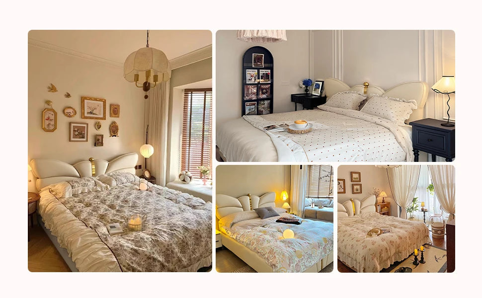 Collage of a bedroom with decorative elements and furniture.
