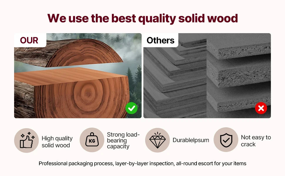 Comparison of solid wood and other materials with text and icons indicating quality and durability.
