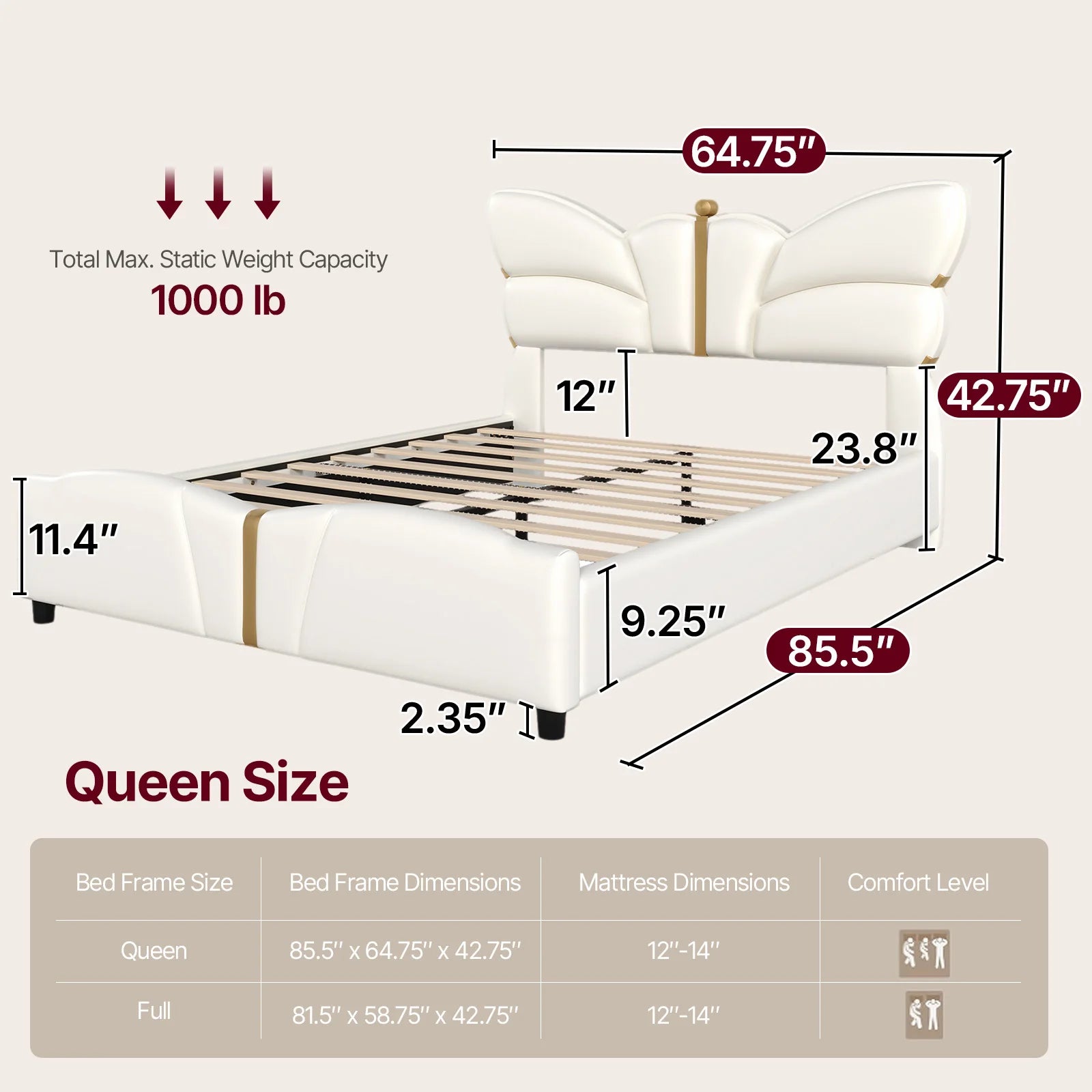 White bed frame with dimensions labeled on a beige background