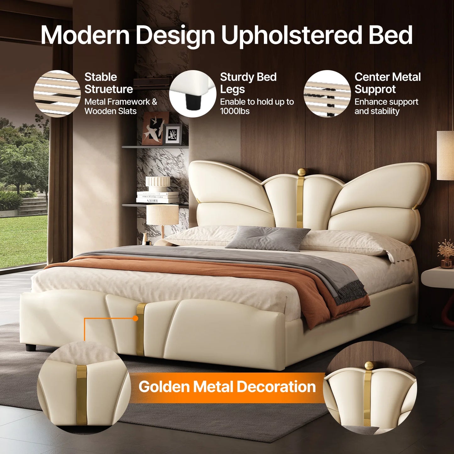 Modern upholstered bed with gold metal decoration in a bedroom setting