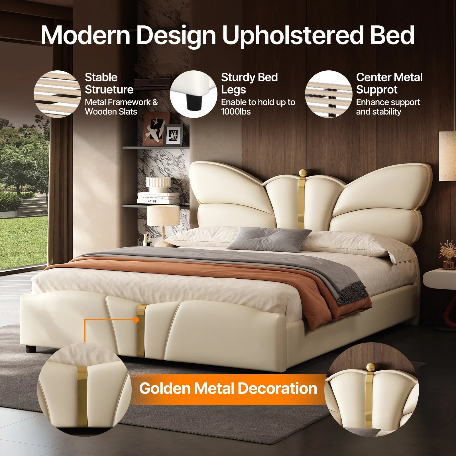 Modern upholstered bed with gold metal decoration in a bedroom setting