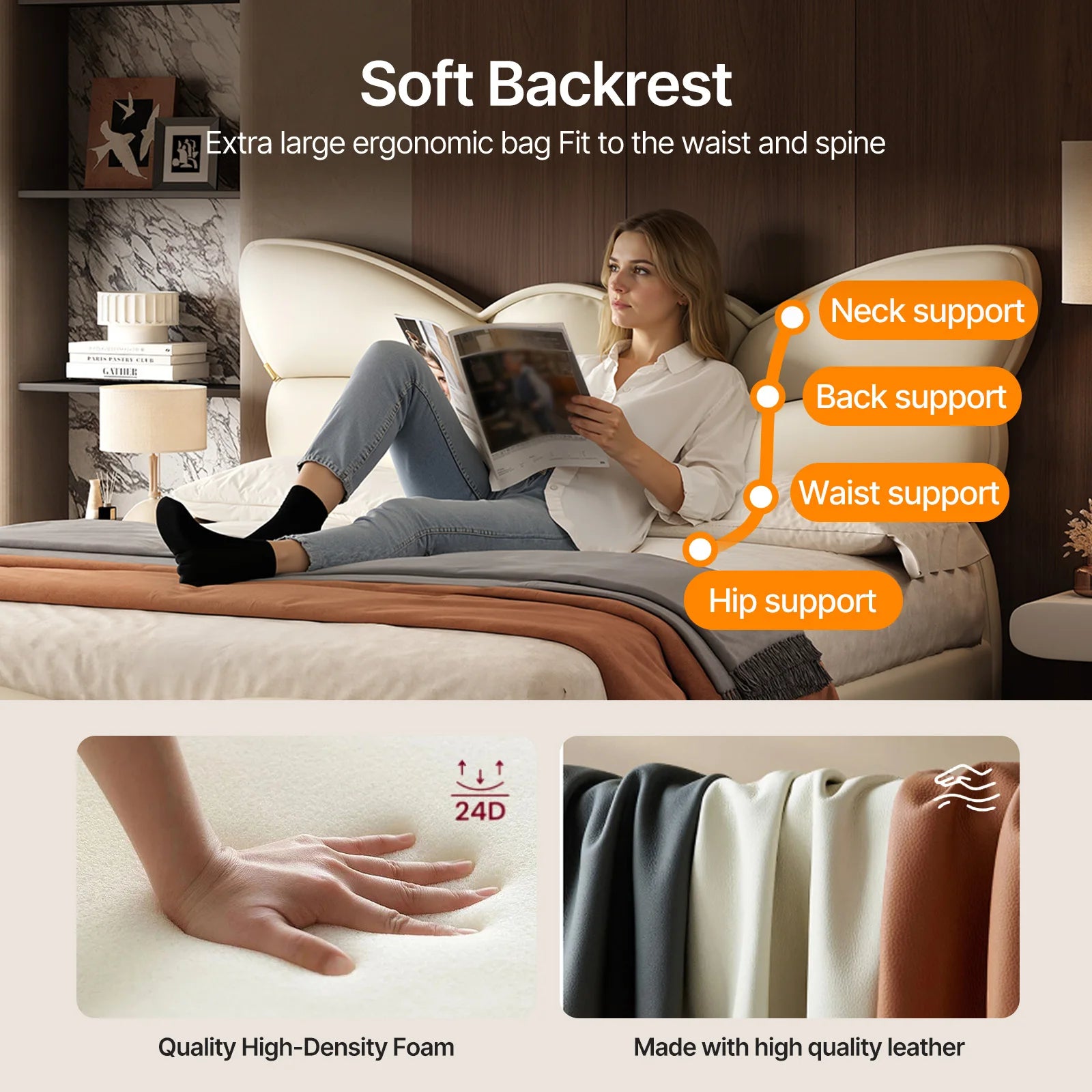 Woman relaxing on a sofa with text highlighting the soft backrest's features and materials.