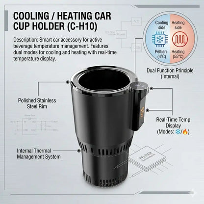 Black cooling/heating car cup holder with technical details on a gray background