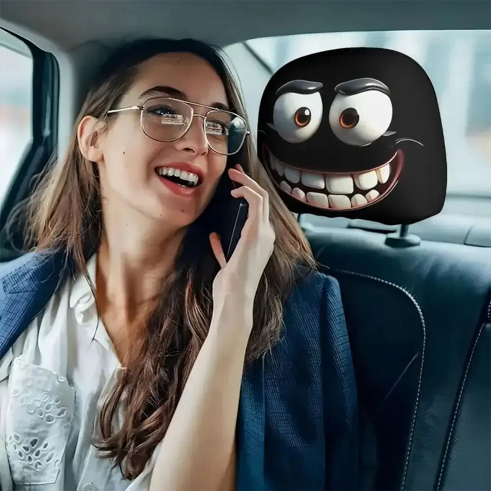 A woman talking on a phone with a cartoonish car mirror behind her