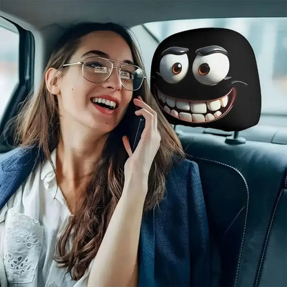 A woman talking on a phone with a cartoonish car mirror behind her