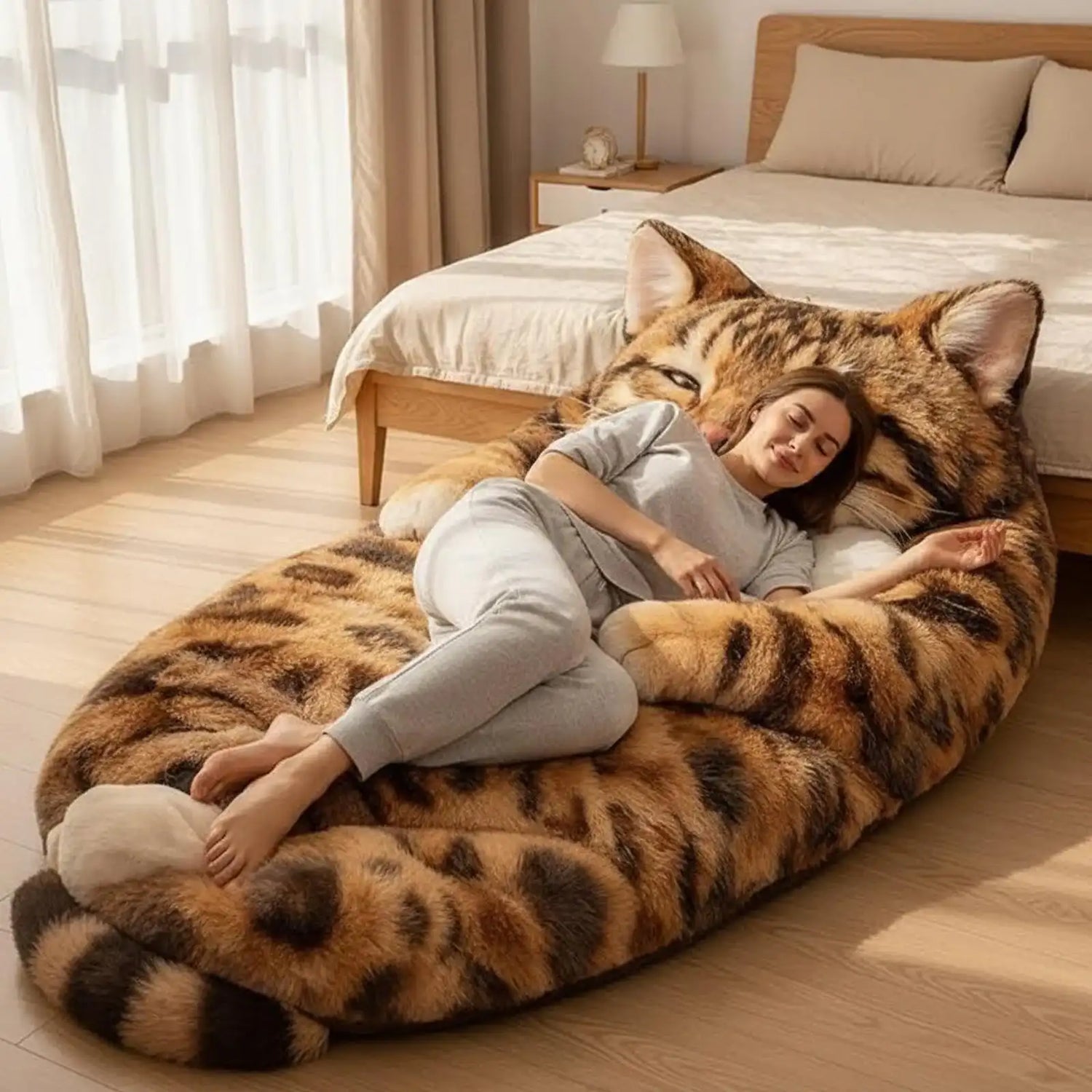 Person lying on a large cat-shaped sleeping bag in a bedroom