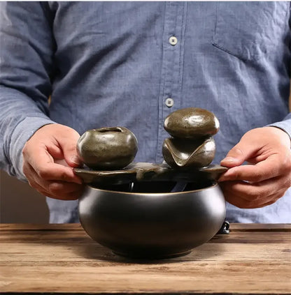 Ceramic Zen Cat Water Fountain Silent Desktop Waterfall & Landscape Pet Drinker Lead-Free - A / USB