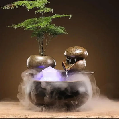 Ceramic Zen Cat Water Fountain Silent Desktop Waterfall & Landscape Pet Drinker Lead-Free - B plus atomizer / USB