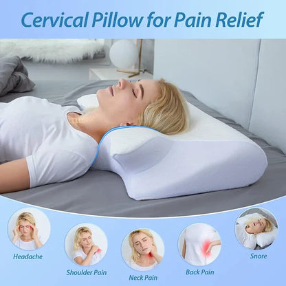 A woman lying on a bed with a cervical pillow for pain relief, showing benefits like headache, shoulder pain, neck pain, back pain, and snoring.