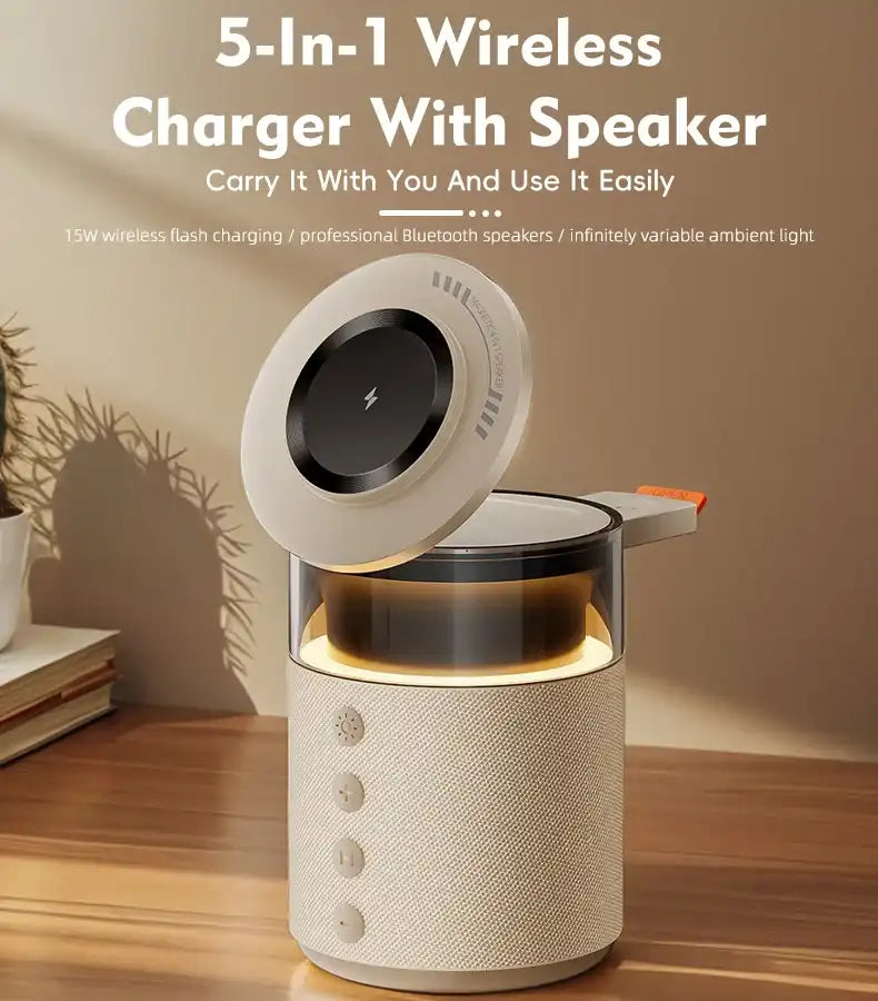 5-in-1 wireless charger with speaker on a wooden surface