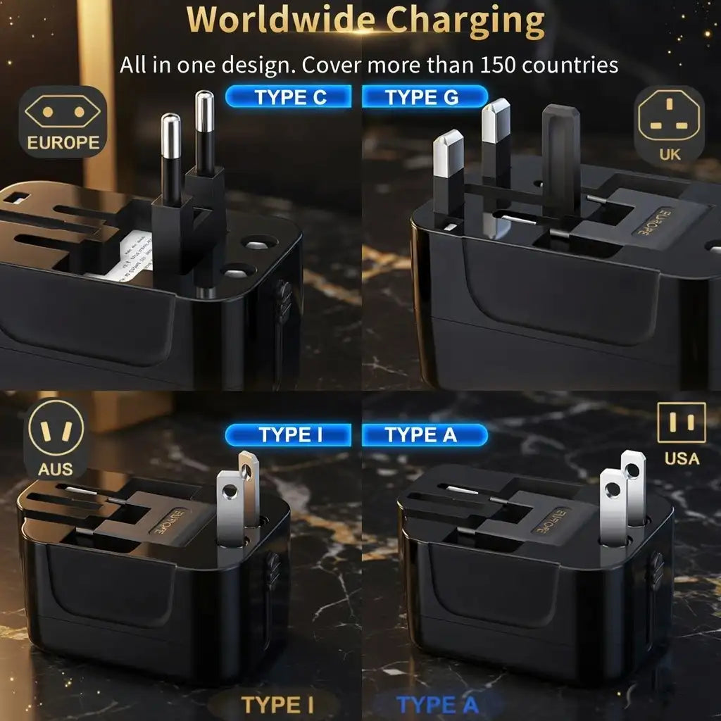 Worldwide charging adapter with multiple plug types on a dark background