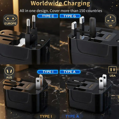 Worldwide charging adapter with multiple plug types on a dark background