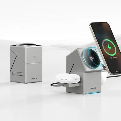 Maxco charging station with smartphone on a white background