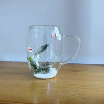 Christmas Double-Layer Glass Cup with Real Dried Flowers – Heat-Resistant Hand-Blown Coffee Mug with Flowing Sand Design - Santa Claus- bubble