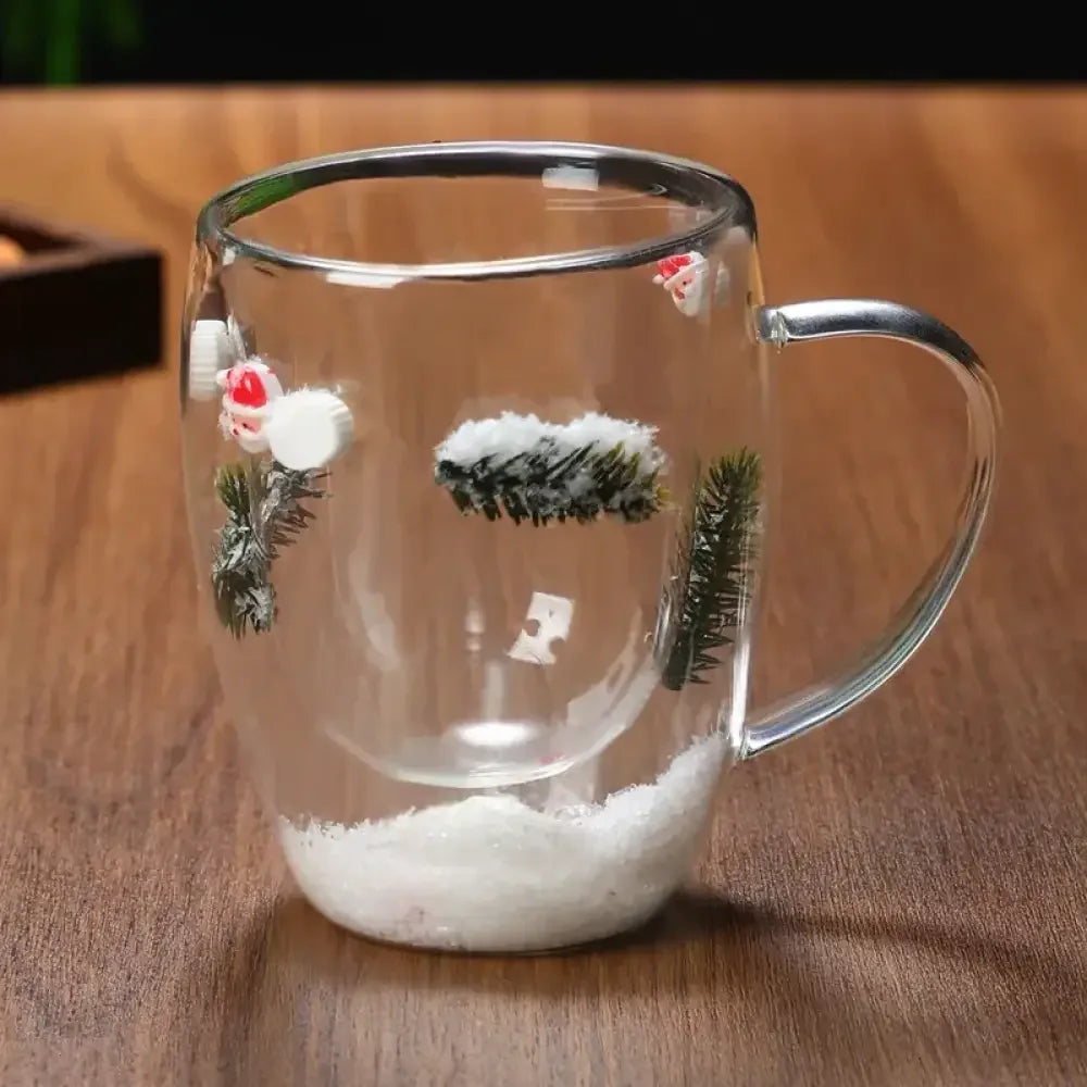Christmas Double-Layer Glass Cup with Real Dried Flowers – Heat-Resistant Hand-Blown Coffee Mug with Flowing Sand Design - Santa Claus- bubble