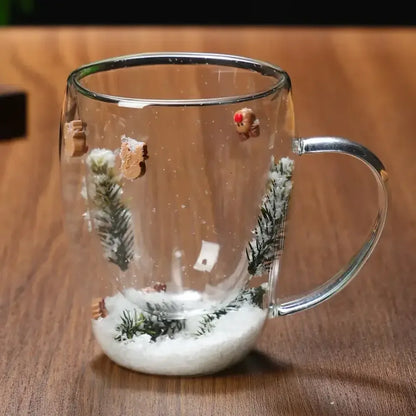 Christmas Double-Layer Glass Cup with Real Dried Flowers – Heat-Resistant Hand-Blown Coffee Mug with Flowing Sand Design - Milu deer- bubble