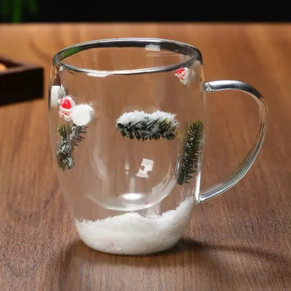 Christmas Double-Layer Glass Cup with Real Dried Flowers – Heat-Resistant Hand-Blown Coffee Mug with Flowing Sand Design - Santa Claus- bubble
