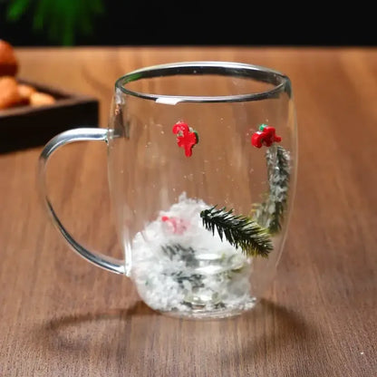 Christmas Double-Layer Glass Cup with Real Dried Flowers – Heat-Resistant Hand-Blown Coffee Mug with Flowing Sand Design - cane- bubble