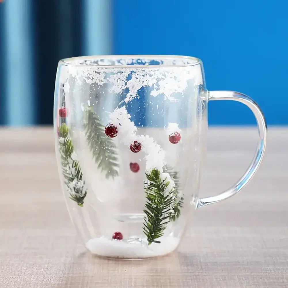 Christmas Double-Layer Glass Cup with Real Dried Flowers – Heat-Resistant Hand-Blown Coffee Mug with Flowing Sand Design - snow scene-bubble