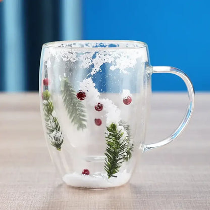 Christmas Double-Layer Glass Cup with Real Dried Flowers – Heat-Resistant Hand-Blown Coffee Mug with Flowing Sand Design - snow scene-bubble