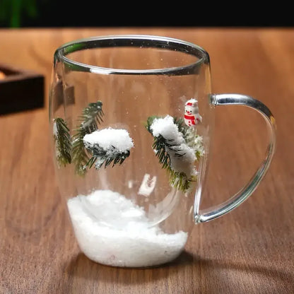 Christmas Double-Layer Glass Cup with Real Dried Flowers – Heat-Resistant Hand-Blown Coffee Mug with Flowing Sand Design - Santa Claus- bubble