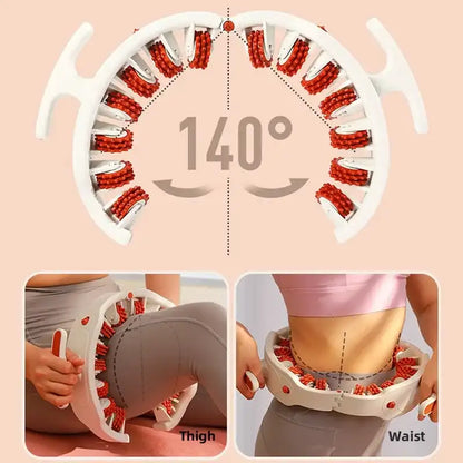 Product showing a circular Massage roller with red beads and a 140-degree measurement, used on thighs and waist.