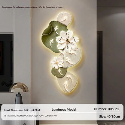 Decorative wall clock with floral design and soft light feature on a wall.