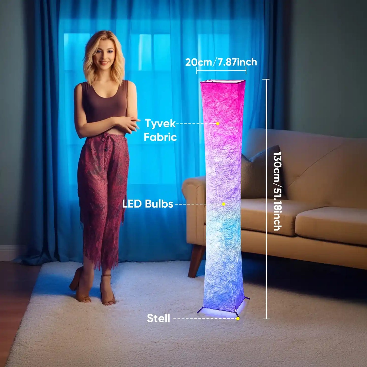 Woman standing next to a colorful LED floor lamp with measurements and labels.