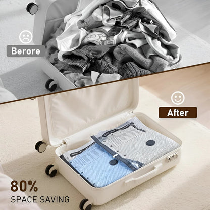 Comparison of a suitcase before and after using a compression bag with text indicating space saving.
