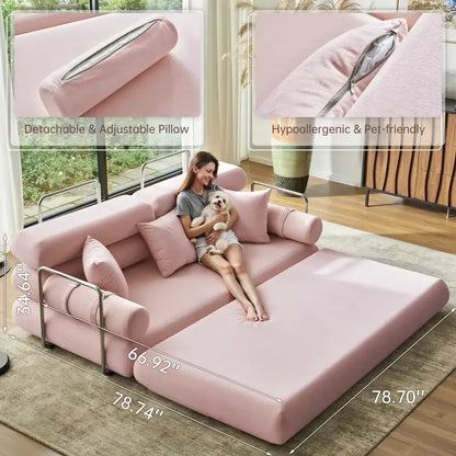 Convertible Sleeper Sofa High-Back Floor Couch Bed All-Foam Memory Support - Pink