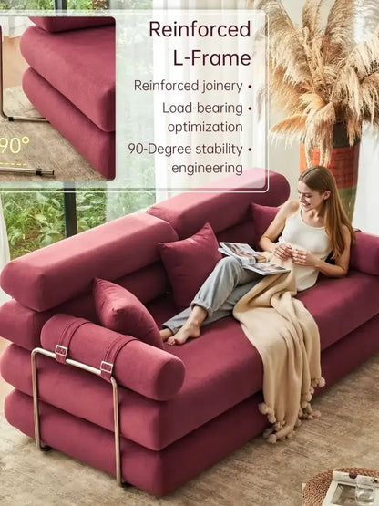Convertible Sleeper Sofa High-Back Floor Couch Bed All-Foam Memory Support - Burgundy