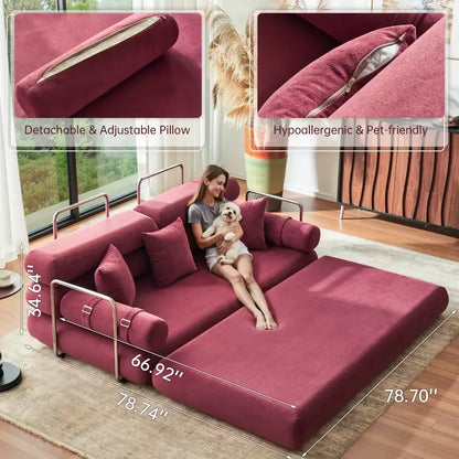 Convertible Sleeper Sofa High-Back Floor Couch Bed All-Foam Memory Support - Burgundy