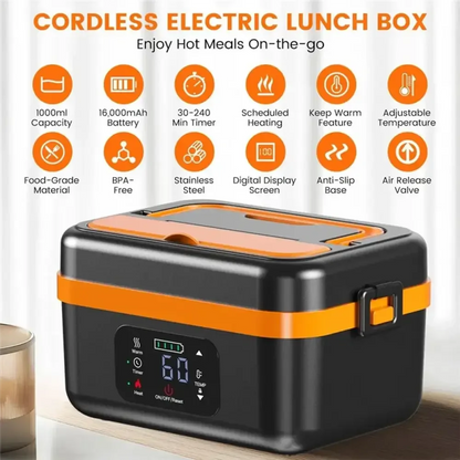 Cordless Electric Lunch Box – Rechargeable Self-Heating Food Warmer with 16000mAh Battery for Work, Travel, Car, and Office - Black US